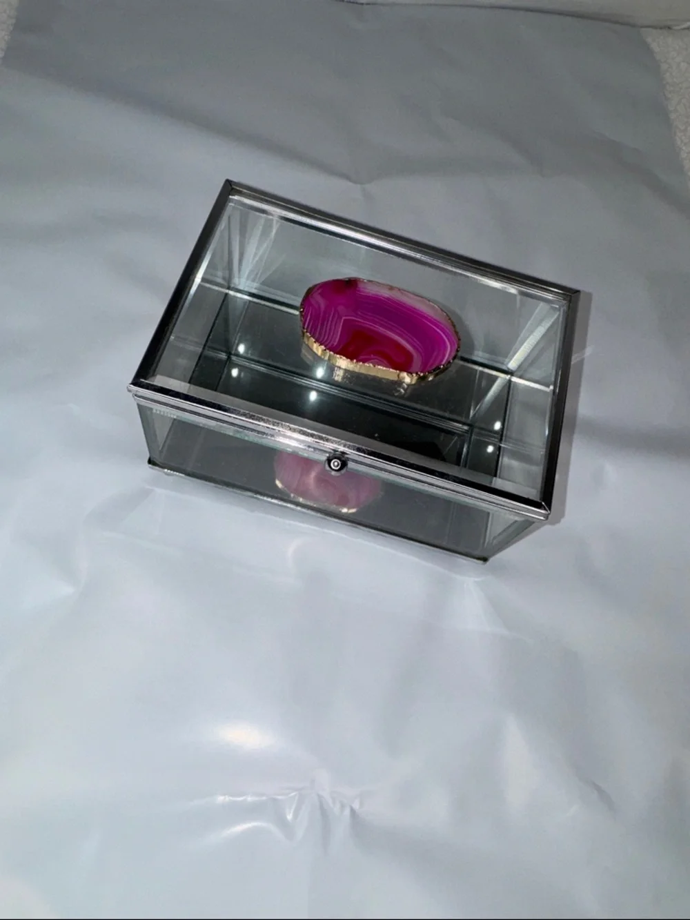 jewelry box Glass Trinket Box Beveled Glass slice of pink agate stone 6X3X4